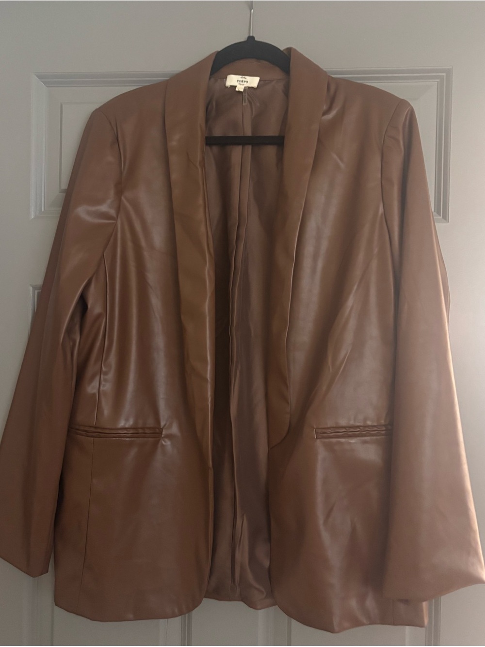 Brown Faux Leather Shawl Collar Blazer Jacket